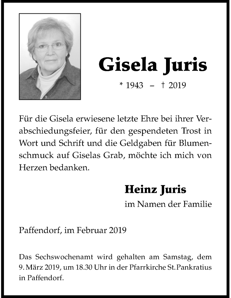  Traueranzeige für Gisela Juris vom 02.03.2019 aus Kölner Stadt-Anzeiger / Kölnische Rundschau / Express