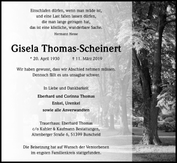 Anzeige von Gisela Thomas-Scheinert von Kölner Stadt-Anzeiger / Kölnische Rundschau / Express