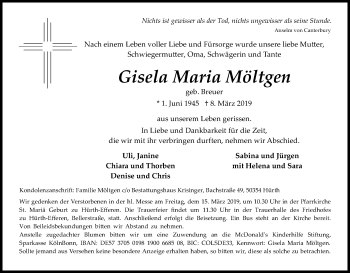 Anzeige von Gisela Maria Möltgen von Kölner Stadt-Anzeiger / Kölnische Rundschau / Express