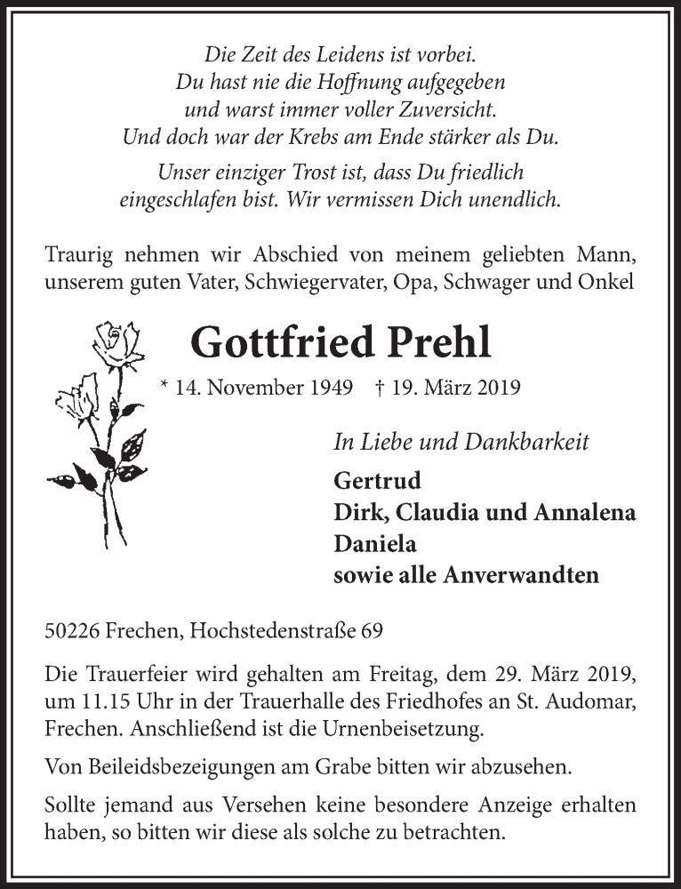  Traueranzeige für Gottfried Prehl vom 23.03.2019 aus  Sonntags-Post 