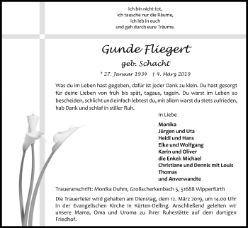 Anzeige von Gunde Fliegert von Kölner Stadt-Anzeiger / Kölnische Rundschau / Express