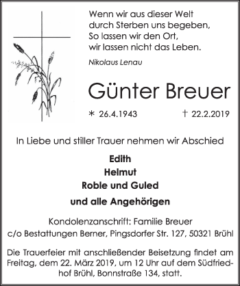 Anzeige von Günter Breuer von  Schlossbote/Werbekurier 