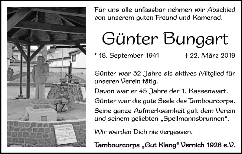  Traueranzeige für Günter Bungart vom 30.03.2019 aus Kölner Stadt-Anzeiger / Kölnische Rundschau / Express