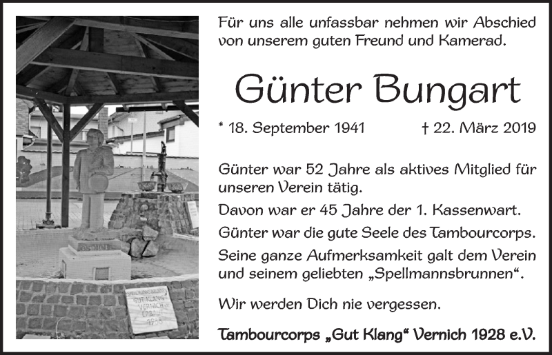  Traueranzeige für Günter Bungart vom 30.03.2019 aus  Blickpunkt Euskirchen 