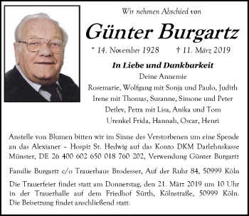 Anzeige von Günter Burgartz von  Kölner Wochenspiegel 