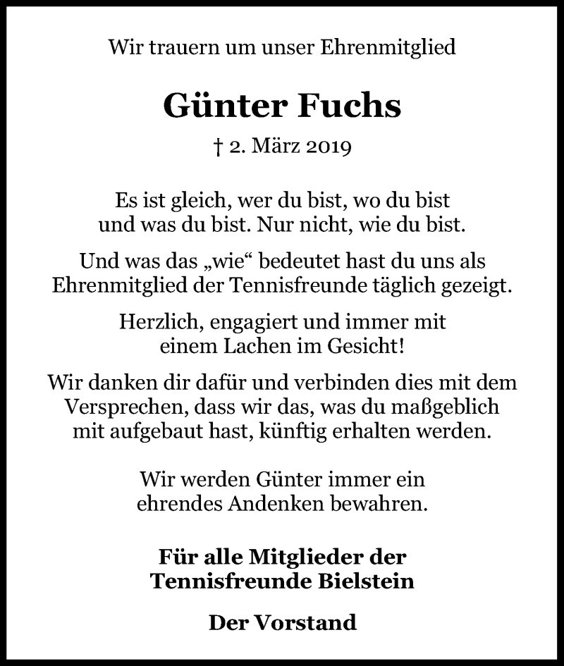  Traueranzeige für Günter Fuchs vom 20.03.2019 aus Kölner Stadt-Anzeiger / Kölnische Rundschau / Express
