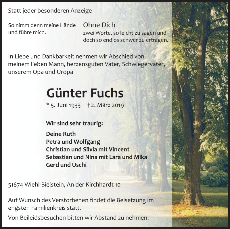 Traueranzeige für Günter Fuchs vom 06.03.2019 aus Kölner Stadt-Anzeiger / Kölnische Rundschau / Express