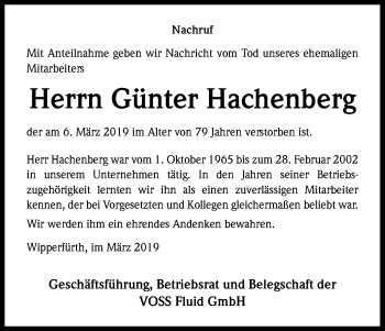 Anzeige von Günter Hachenberg von Kölner Stadt-Anzeiger / Kölnische Rundschau / Express