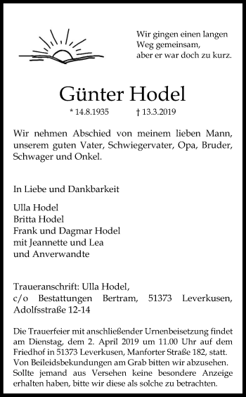 Anzeige von Günter Hodel von Kölner Stadt-Anzeiger / Kölnische Rundschau / Express