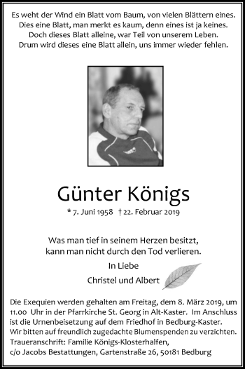 Anzeige von Günter Königs von Kölner Stadt-Anzeiger / Kölnische Rundschau / Express