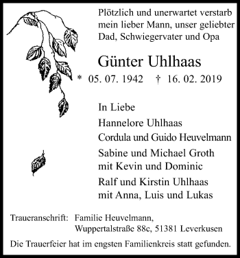 Anzeige von Günter Uhlhaas von Kölner Stadt-Anzeiger / Kölnische Rundschau / Express