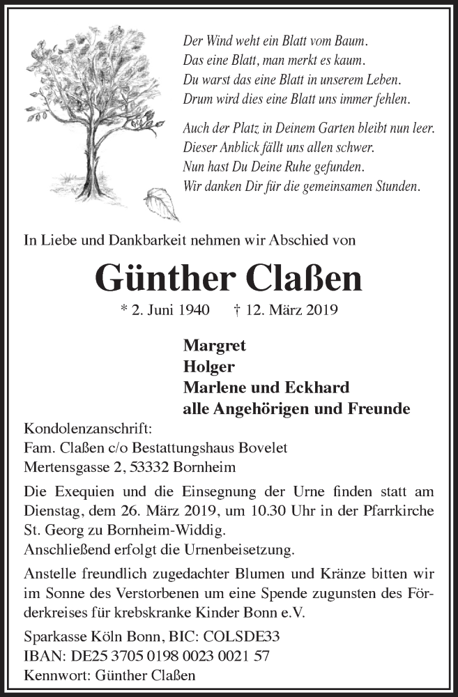  Traueranzeige für Günther Claßen vom 20.03.2019 aus  Schlossbote/Werbekurier 
