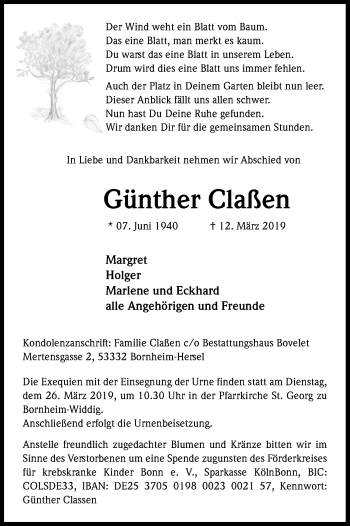 Anzeige von Günther Claßen von Kölner Stadt-Anzeiger / Kölnische Rundschau / Express