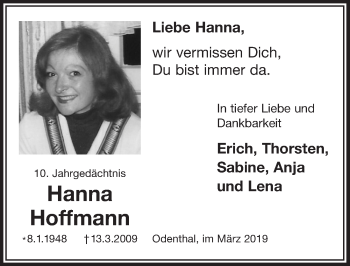 Anzeige von Hanna Hoffmann von  Bergisches Handelsblatt 