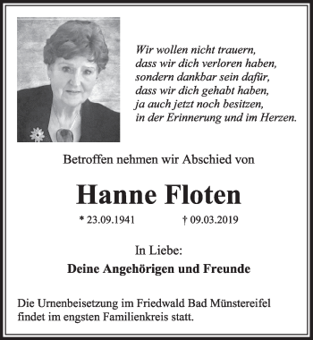 Anzeige von Hanne Floten von  Sonntags-Post 