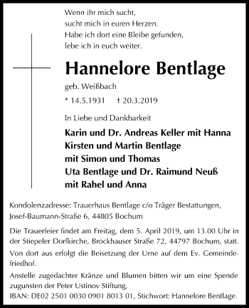 Anzeige von Hannelore Bentlage von Kölner Stadt-Anzeiger / Kölnische Rundschau / Express