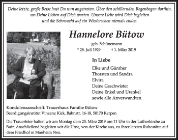 Anzeige von Hannelore Bütow von  Sonntags-Post 