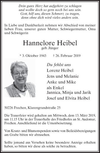 Anzeige von Hannelore Heibel von  Sonntags-Post 
