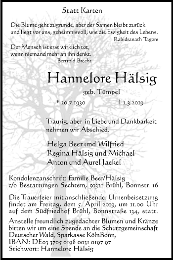 Anzeige von Hannelore HäEsig von Kölner Stadt-Anzeiger / Kölnische Rundschau / Express