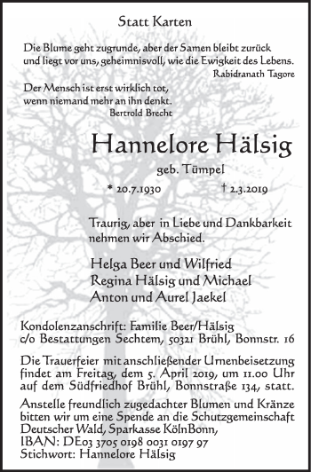Anzeige von Hannelore Hälsig von  Schlossbote/Werbekurier 