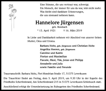 Anzeige von Hannelore Jürgensen von Kölner Stadt-Anzeiger / Kölnische Rundschau / Express