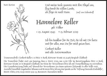 Anzeige von Hannelore Keller von  Bergisches Sonntagsblatt 