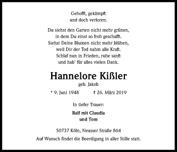 Anzeige von Hannelore Kißler von Kölner Stadt-Anzeiger / Kölnische Rundschau / Express