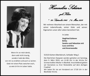 Anzeige von Hannelore Schierer von Kölner Stadt-Anzeiger / Kölnische Rundschau / Express