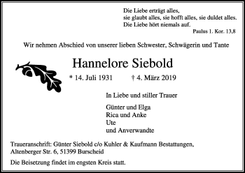 Anzeige von Hannelore Siebold von Kölner Stadt-Anzeiger / Kölnische Rundschau / Express