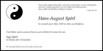Anzeige von Hans-August Spörl von Kölner Stadt-Anzeiger / Kölnische Rundschau / Express