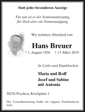 Anzeige von Hans Breuer von  Wochenende 