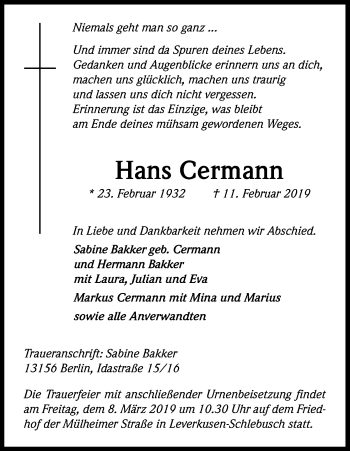 Anzeige von Hans Cermann von Kölner Stadt-Anzeiger / Kölnische Rundschau / Express