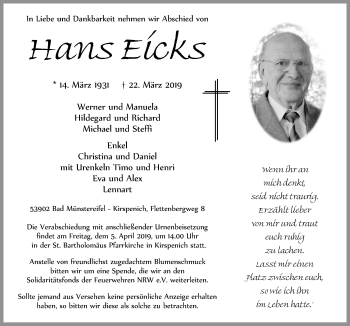 Anzeige von Hans Eicks von  Blickpunkt Euskirchen 