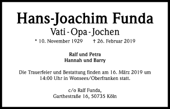 Anzeige von Hans-Joachim Funda von Kölner Stadt-Anzeiger / Kölnische Rundschau / Express