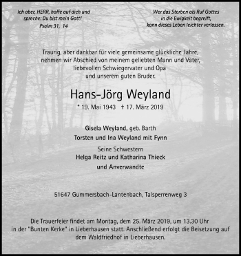 Anzeige von Hans-Jörg Weyland von Kölner Stadt-Anzeiger / Kölnische Rundschau / Express