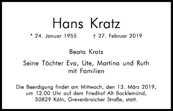 Anzeige von Hans Kratz von Kölner Stadt-Anzeiger / Kölnische Rundschau / Express