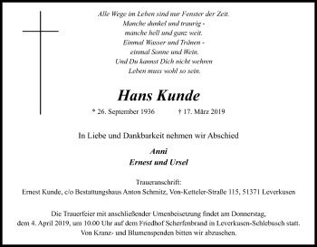 Anzeige von Hans Kunde von Kölner Stadt-Anzeiger / Kölnische Rundschau / Express