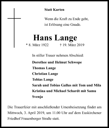 Anzeige von Hans Lange von Kölner Stadt-Anzeiger / Kölnische Rundschau / Express