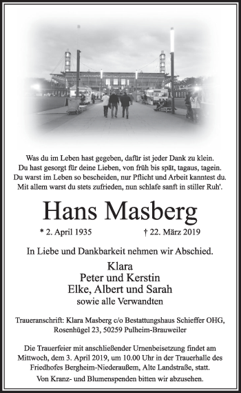 Anzeige von Hans Masberg von  Sonntags-Post 