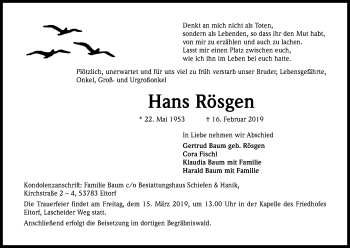 Anzeige von Hans Rösgen von Kölner Stadt-Anzeiger / Kölnische Rundschau / Express