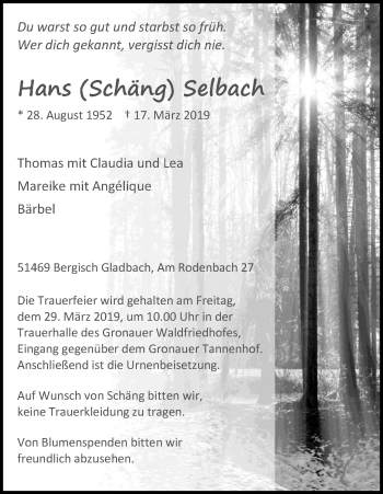 Anzeige von Hans Selbach von Kölner Stadt-Anzeiger / Kölnische Rundschau / Express
