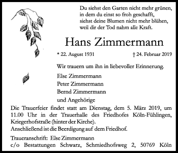 Anzeige von Hans Zimmermann von Kölner Stadt-Anzeiger / Kölnische Rundschau / Express