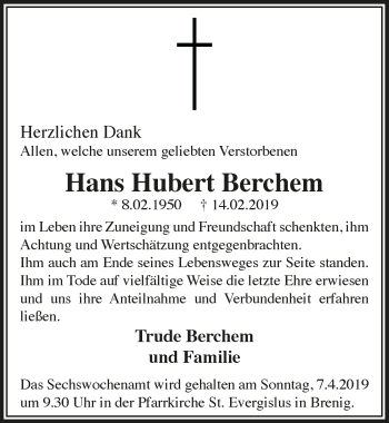 Anzeige von Hans Hubert Berchem von  Schaufenster/Blickpunkt 