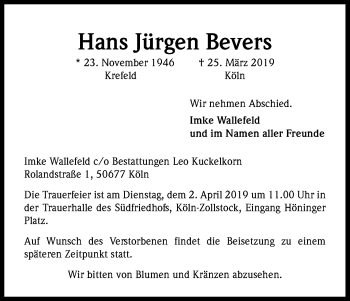 Anzeige von Hans Jürgen Bevers von Kölner Stadt-Anzeiger / Kölnische Rundschau / Express
