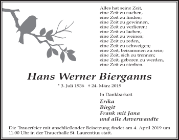 Anzeige von Hans Werner Bierganns von  Bergisches Sonntagsblatt 