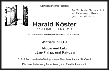 Anzeige von Harald Köster von  Anzeigen Echo 