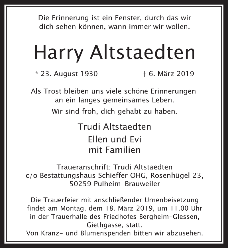  Traueranzeige für Harry Altstaedten vom 13.03.2019 aus  Werbepost 