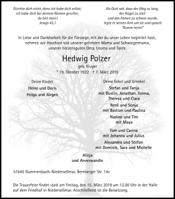 Anzeige von Hedwig Polzer von Kölner Stadt-Anzeiger / Kölnische Rundschau / Express
