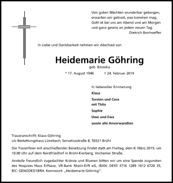 Anzeige von Heidemarie Göhring von Kölner Stadt-Anzeiger / Kölnische Rundschau / Express