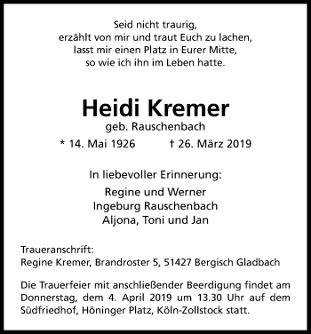 Anzeige von Heidi Kremer von Kölner Stadt-Anzeiger / Kölnische Rundschau / Express